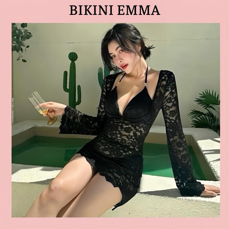 Set Bikini 3 Món Đầm Ren Mềm EMMA Phong Cách Nữ Tính Gồm Áo Bikini + Quần Chip + Đầm Ren Mềm