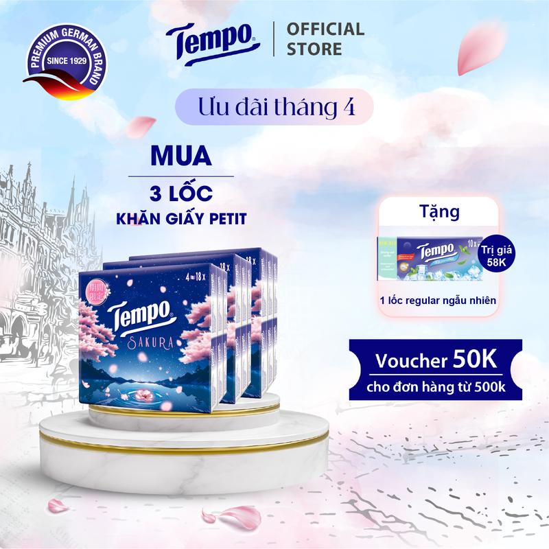 [MUA 3 LỐC 18 GÓI TẶNG 1 LỐC GIẤY BỎ TÚI REGULAR] Khăn giấy bỏ túi cao cấp Tempo Petit - 4 lớp bền dai - Thương hiệu Đức (Lốc 18 gói)