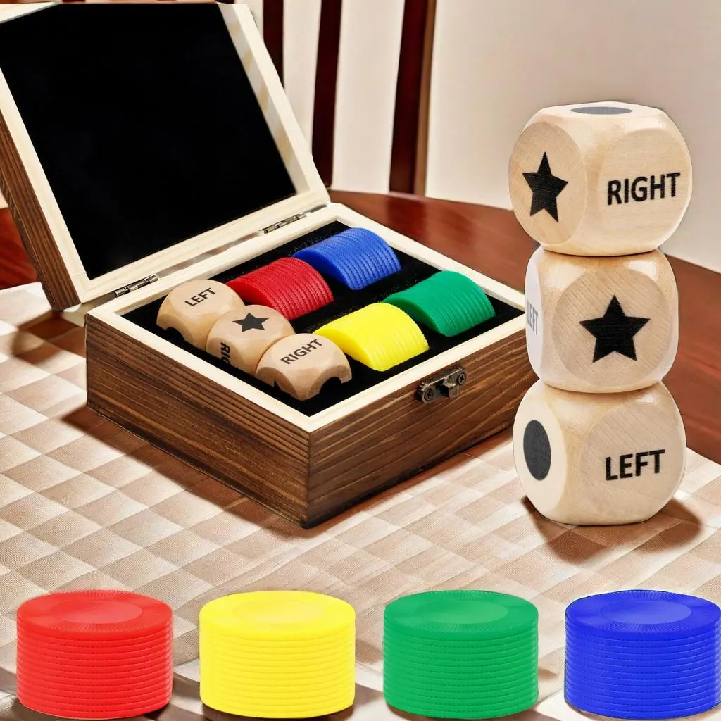 Wooden Dice Game, 3 Counts Dice with 48pcs Chips in Storage Box, Fun Game Toy for Family Gatherings, Party, Holiday