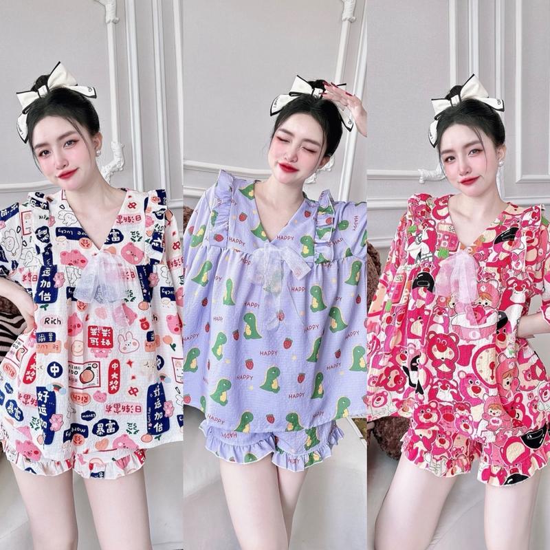 Đồ bộ ngủ pijama bigsize  from babydoll  50-100kg chất  xốp gạo mềm lưng mặc pijama  lụa cổ pijama  lụa mango sen