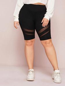 Shorts biker de talla grande con malla transparente en contraste y cintura alta, ropa de verano para mujer, shorts casuales lisos ajustados para mujer, prendas inferiores para mujer para el verano