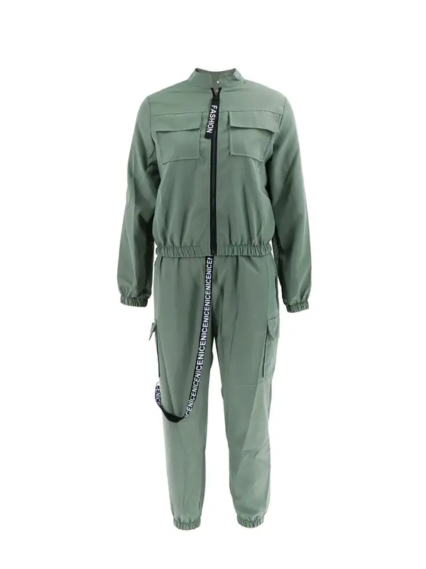 Women's Mock Neck Zip Up Jacket & Elastic Waist Cargo Pants Set, Longsleeves Zipper Outerwear & Multi-pocket Trousers, Casual Street Style Spring & Fall 2