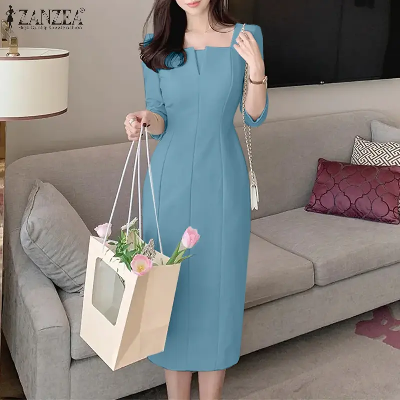 ZANZEA Korean Style Women's Dresses Elegant V-Neck 3/4 Sleeve Plain Party Prom Midi Sundress *