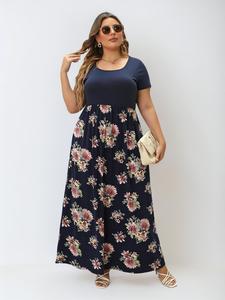 Plus Size Patchwork Floral Print Pocket Round Neck Dress, Summer Clothes Women, Plus Boho Casual Short Sleeve Long Dress for Beach Vacation Holiday, Women's Plus Clothes for Summer, Dresses Summer