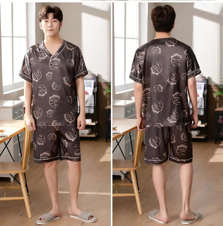 Product Introduction of Men's Pajamas Summer Fashion V-Neck Thin Ice Silk Short-Sleeved Shorts Nightie Two Piece 2024 New Boys Casual Sleepwear Nightie 41