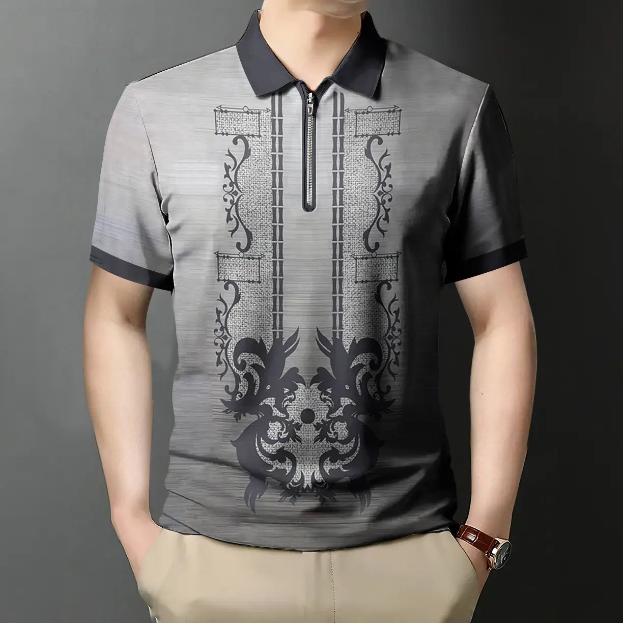 Ethnic Polo For Men Polo Barong For Men Modern Asean Attire For Men Vintage Ethnic Polo Shirt Business Office Short Sleeve Zip Up Polo Shirt Men's Casual Shirt Bohemian Shirt