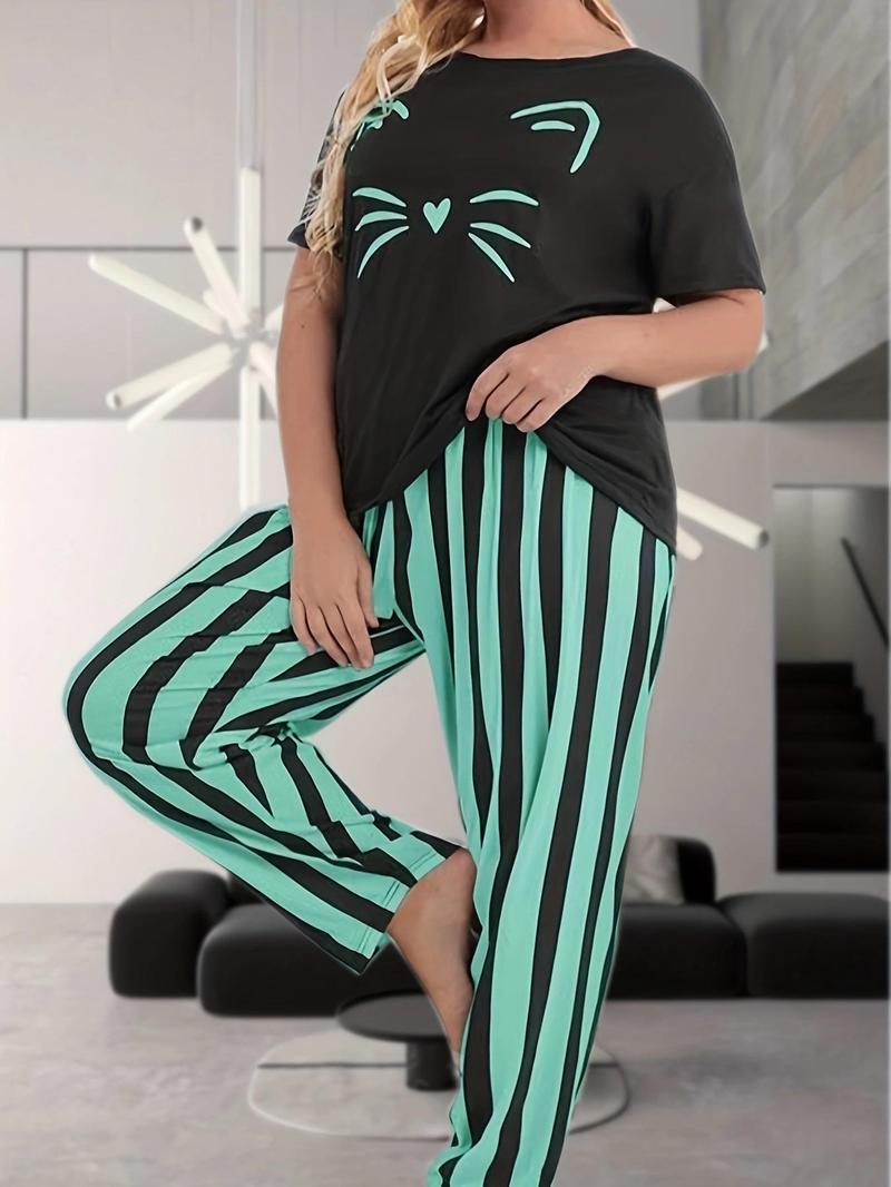 Product Introduction of Plus Size 2pcs Cat Print Tee & Striped Print Elastic Waist Pants Pyjama Set, Casual Cute Round Neck Short Sleeve T-Shirt & Trousers PJ Set, Women's Sleepwear for All Seasons 1