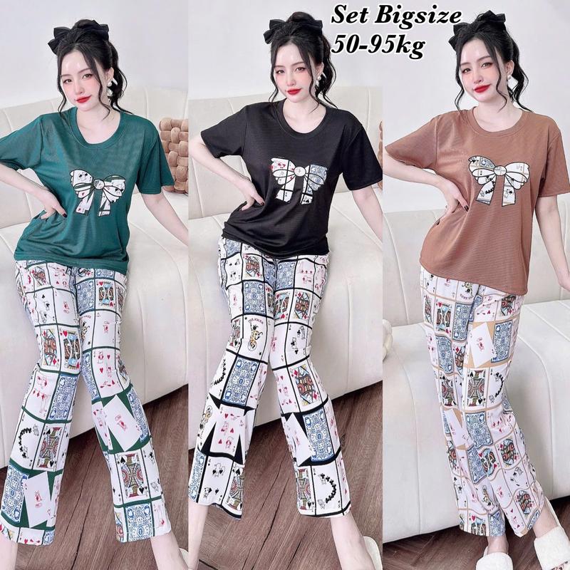 [Ưu Đãi ĐÓN TẾT Độc Quyền TTS] - Set Bộ Dài Bigsize Nữ Áo Thun Cổ Tròn Thêu Nơ Trước Ngực Phối Quần Mango Mịn Mát Dễ Thương Cao Cấp Xinh Đẹp Sang Trọng  50-95kg Áo Top Màu Nâu Sen Màu Đen Set Đồ Nữ đẹp Set Áo  Bộ Suit Nữ Sang Chảnh Bigsize Wome - 2093