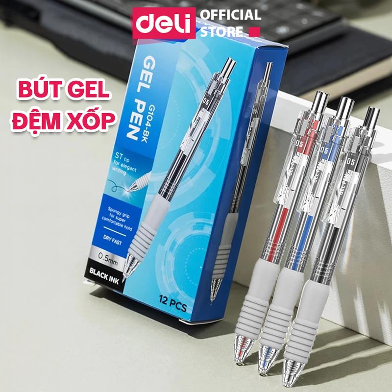 Bút gel đệm xốp ngòi ST 0.5mm EG104 Deli - 3 màu: Xanh Đen Đỏ - Đệm tay xốp siêu êm ái mực gel nhanh khô để ghi bài viết chữ Hán takenote bút kí