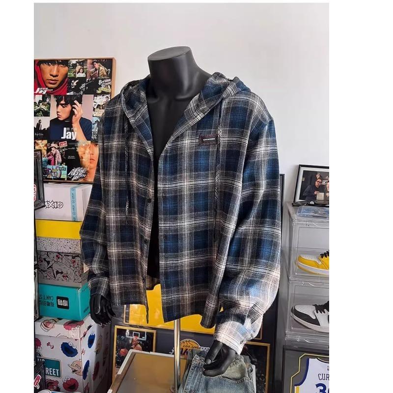 Blue Gray Plaid Hooded Plaid Shirt Korean Vintage Long Sleeve Top Men's Loose Shirt 4