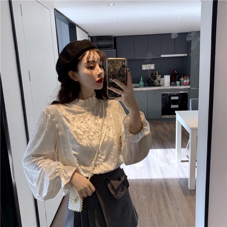 Product Introduction of Áo Sơ Mi Nhung, Ngọt Ngào Và Thanh Lịch, Chắp Vá Selvedge Dây Cổ Đứng, Hàng Mới Về Mùa Thu Cho Nữ, Tay Phồng Trẻ Trung, Áo Dài Tay 14