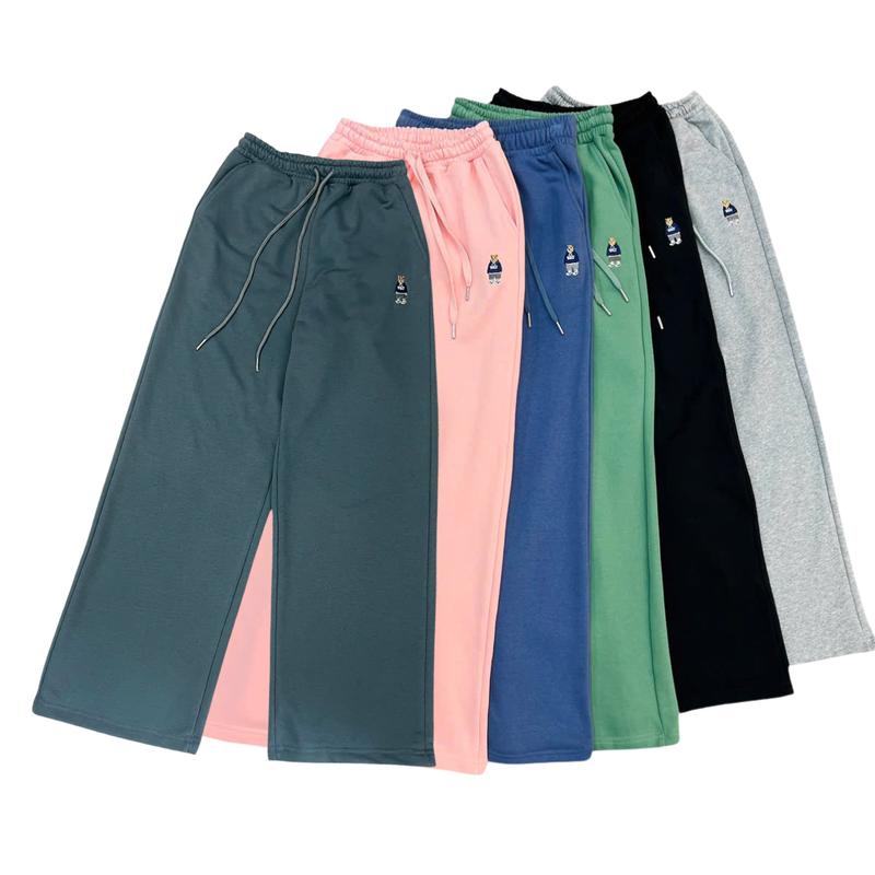 Quần suông ống rộng dài nỉ thêu gấu Koino nữ lưng Thun dây rút vải nỉ chân cua form rộng Pants Women