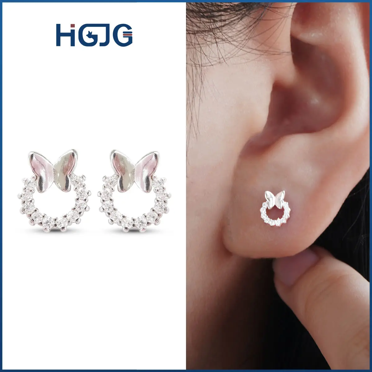 Bông Tai Bạc 925 Đính Đá Tinh Tế, Bông Tai Tròn Bướm Nhỏ, Dễ Thương Đơn Giản, Hoa Tai Xinh Xắn