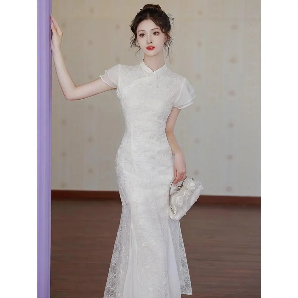 Váy Sườn Xám Trung Quốc Váy Đuôi Cá, Chất Lượng Cao, Nhỏ, Thích Hợp Mặc Hàng Ngày, Có Thể Mặc Làm Váy Trắng Tùy Chỉnh Sang Trọng Cao Cấp, Dành Cho Nữ, Hàng Mới Về, TikTok Hot Item, Có Sẵn Trong Kho Women Dress Váy Cưới Áo Cưới Kem Voan