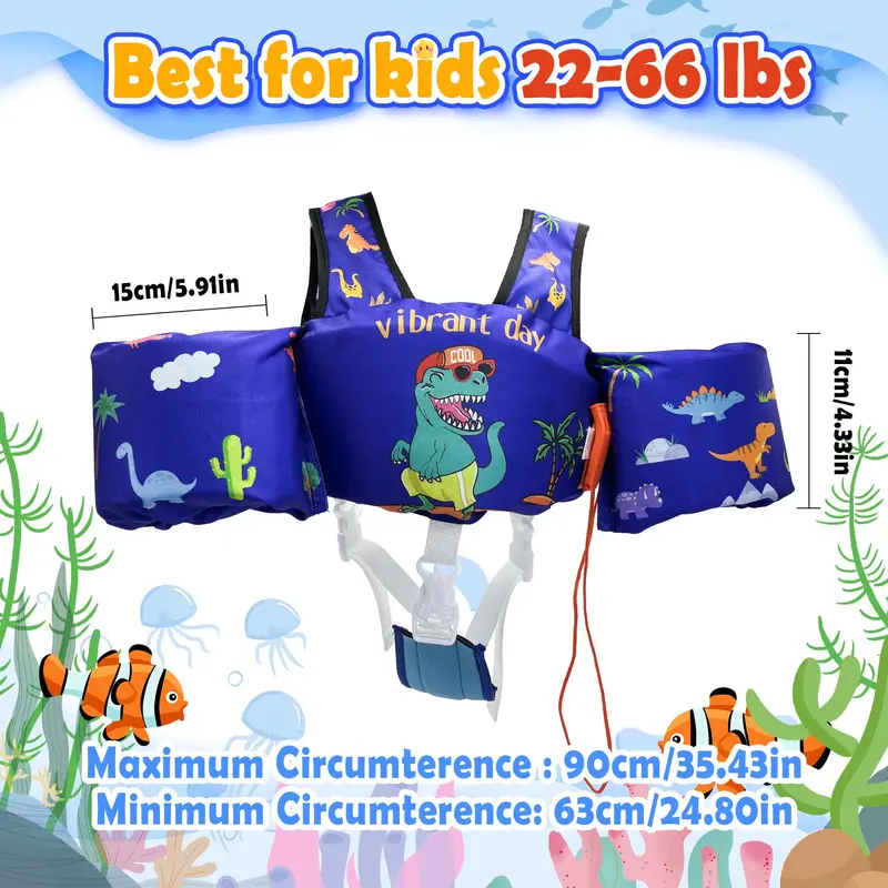 Cartoon Pattern Swim Vest, Removable Kids Swim Vest with Crotch Strap & Shoulder Harness Arm Wings, Swimming Accessories for Boys & Girls 8