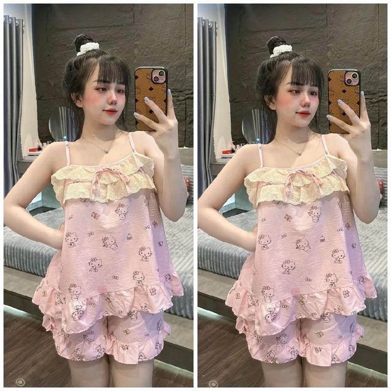 Bộ Hoa Nhí Áo 2 Dây Quần Đùi, Vải Đũi Hoạ Tiết Dễ Thương Mùa Hè Cho Nữ 40-58kg Nhung Women Quần Ngủ