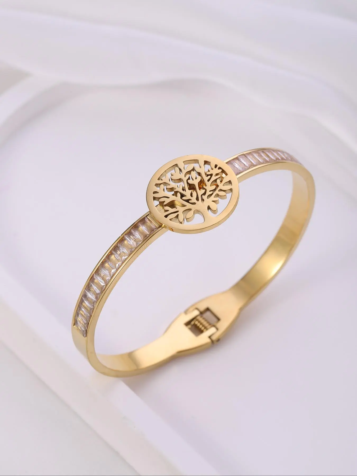 Hollow Out Tree Of Life Design Bracelet, Artificial Zircon Decorated Bangle for Women & Men, Fashion Titanium Steel Bracelet, Trendy All-match & Exquisite Jewelry for Birthday Gift