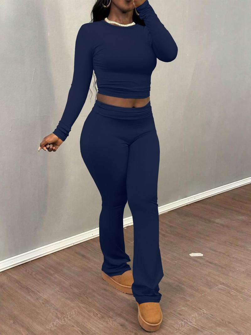 Product Introduction of Women's Solid Color Ruched Tee & Flare Leg Pants Set, Casual Long Sleeve Round Neck Top & Bell Bottom Trousers Two Piece Set for Fall & Winter, Women's Clothes for Daily Wear， Rave 2 Piece Set 10