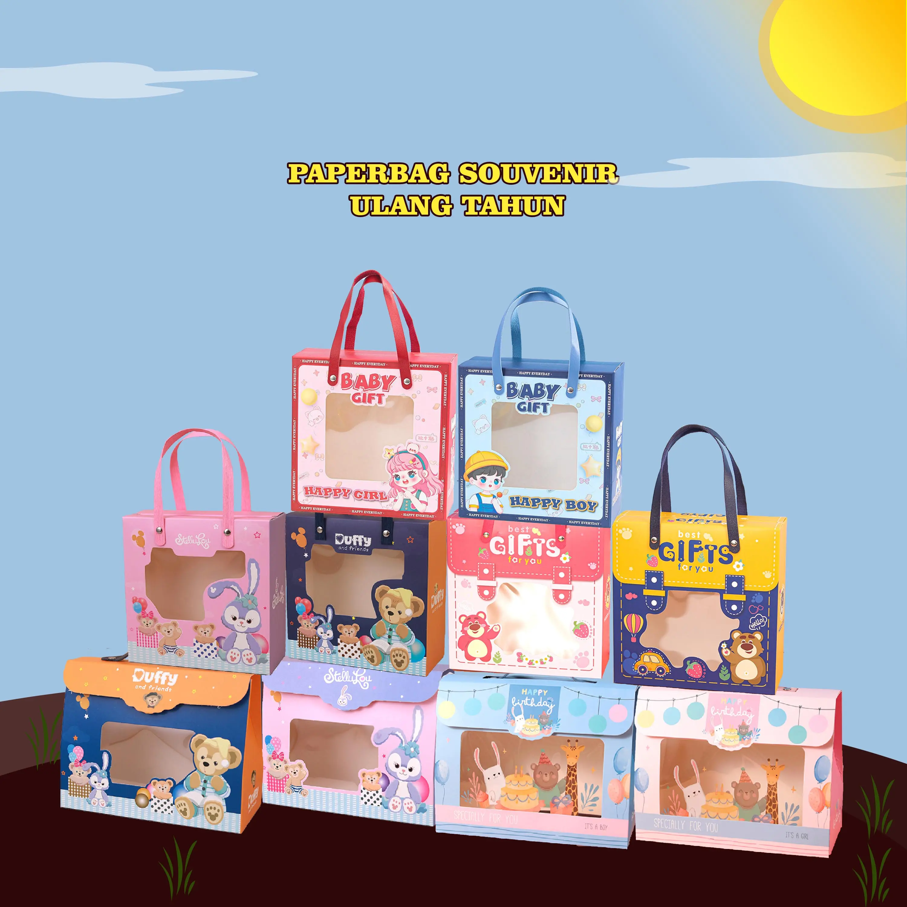 WED Goodie Bag Ulang Tahun Anak Kotak Kado Ulang Tahun Vertikal Dan Horizontal Paperbag Ulang Tahun Anak Variasi Anak-anak Transparan PP03