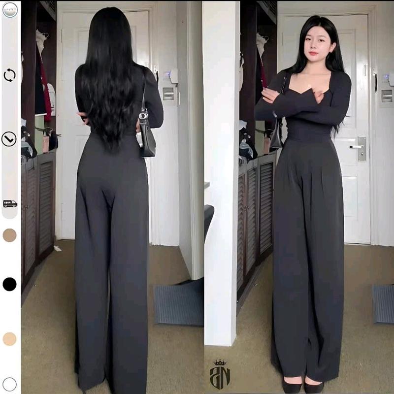 Quần tây ống rộng nữ cạp liền lưng cao có khoá kéo bên hông ( vải gold loại 1 mềm mịn sóng quần) dài trên 100cm Ong Nhung Women Kem 4