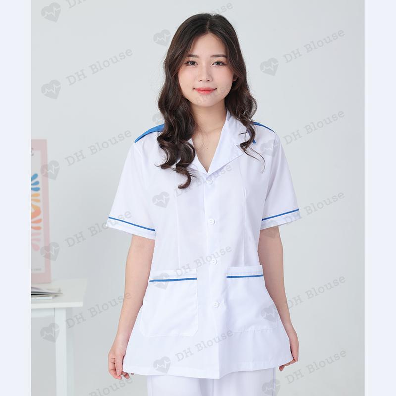 Bộ quần Áo blouse điều dưỡng nam nữ viền xanh có cầu vai - áo điều dưỡng, y tá thực tập sinh có cầu vai