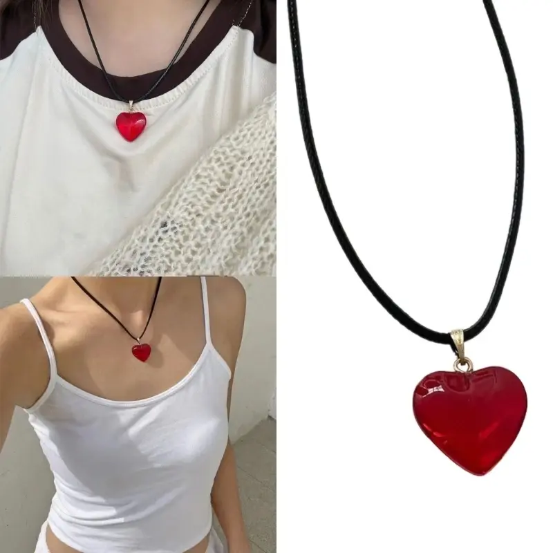 Kalung Loket Hati, Fesyen Y2k, Untuk Kanak-kanak Perempuan, Gaya Korea, Kalung Merah, Aksesori