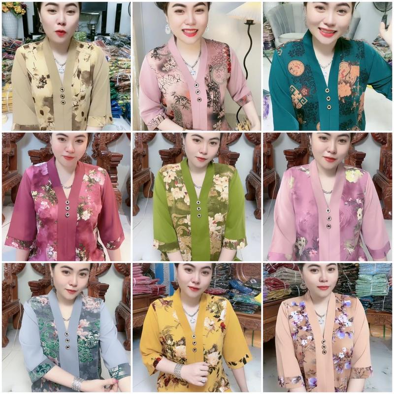 Bộ trung niên tay lỡ cổ bài lai tay lỡ quần dài, bộ gồm 2 món áo và quần, áo phối hoa, quần lụa màu trơn, có thể giặt máy.