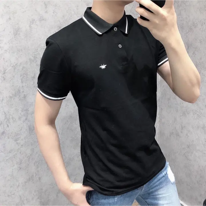 Áo Polo Nam Trơn Ngắn Tay Thêu Ong Ở Ngực Có Cổ Vải cá sấu