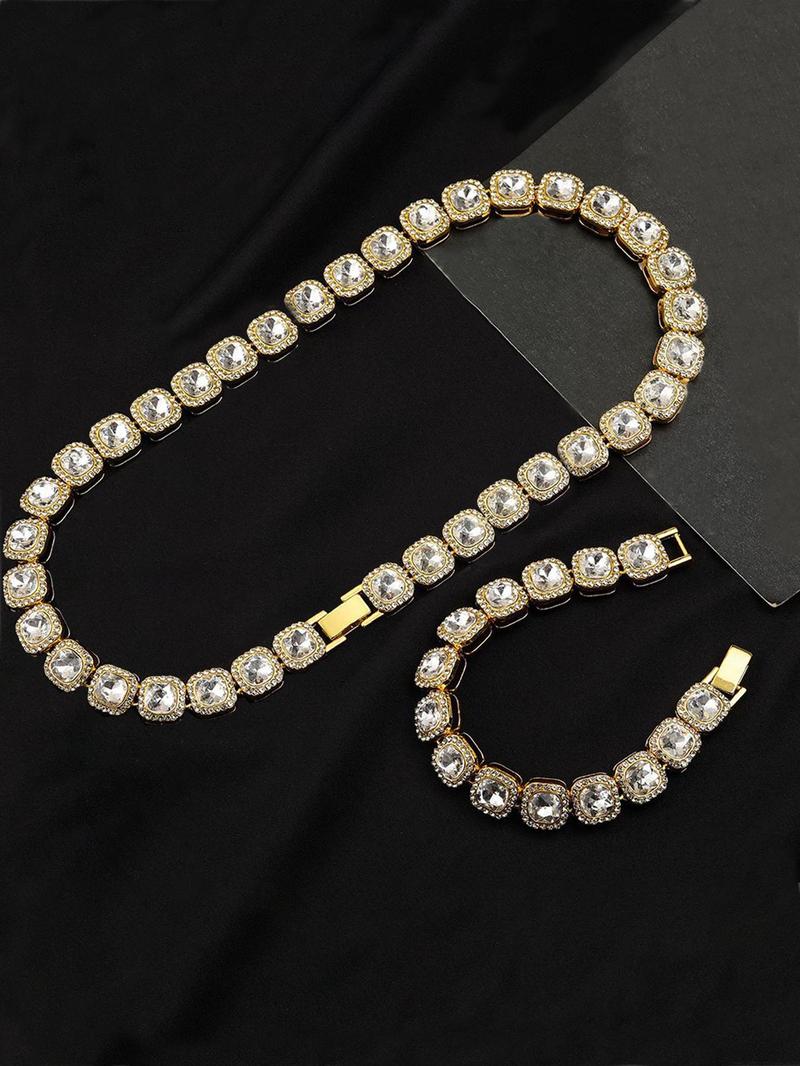 Product Introduction of Rhinestone Decorated Cuban Chain Necklace & Bracelet, Fashion Jewelry for Party, Daily Clothing Decor, Trendy All-match & Exquisite Jewelry for Birthday Gift 4