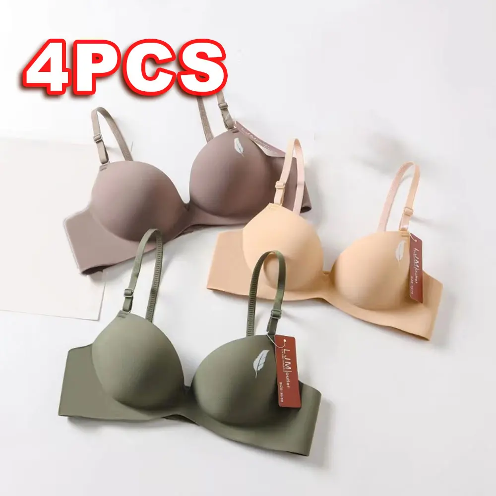 4pcs Women's Simple Fashion Gathering Bra, Sexy Seamless Non-Steel Ring Lingerie, Shoulder Strap Removable, Skin-friendly and Comfortable Women's Underwear, Suitable for Women's Daily Wear Fabric Smooth