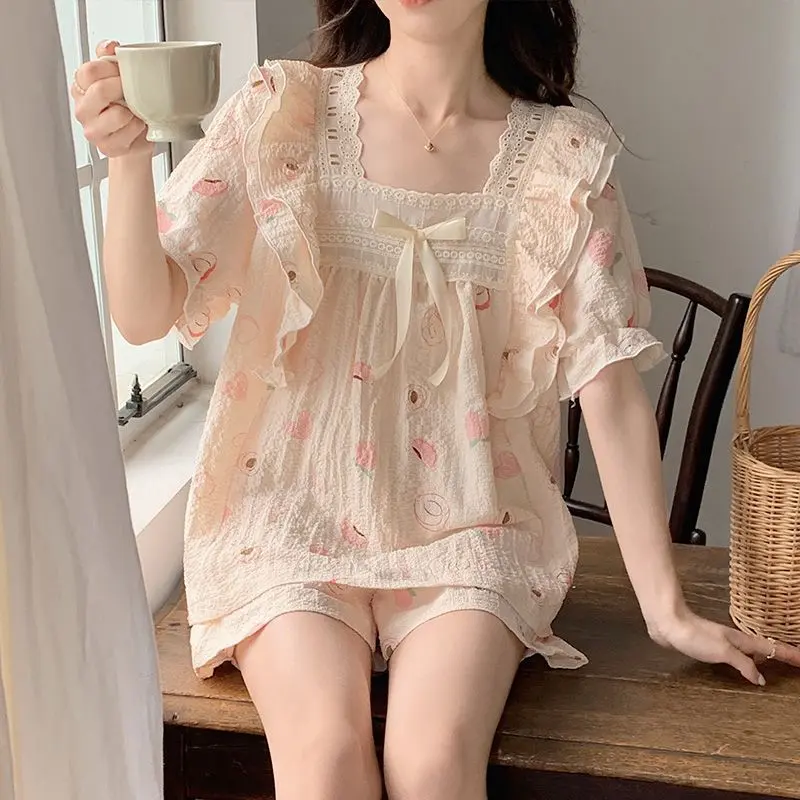Đồ Ngủ Nữ, Ngắn Tay, Quần Đùi, Có Ren, Vải Bong Bóng, Thoải Mái Và Thoáng Khí, Thích Hợp Mặc Nhà Quần Ngủ Áo