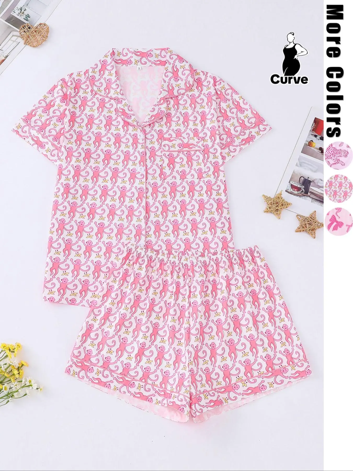 【Plus Size】 Two-piece Set Leopard Print Lapel Neck Button Front Pajama, Casual Comfy Short Sleeve Pocket Top & Elastic Waist Shorts Pj Set, Pajama Sets Women