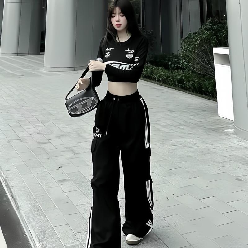 Sét bộ thể thao áo tay dài phối quần dài ống xuông 3 sọc hoạ tiết chữ in Cá tính mặc nhà đi chơi Top Sport Chạy bộ Nữ Kaki Women Tập Thể Dục