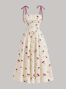 Women's Cherry Print Tie Shoulder Cami Dress, Boho Ruched Shirred A Line Dress, Dresses for Women, Ladies Summer Clothes