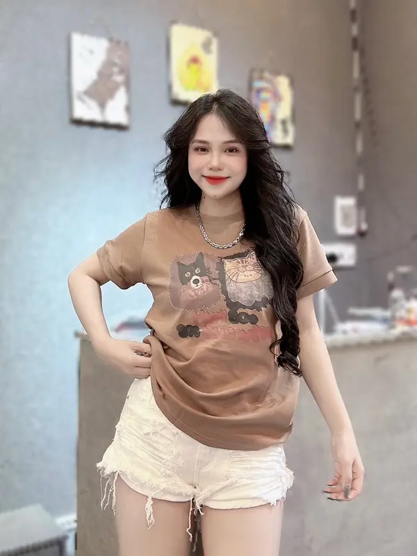 A028 - Áo Thun Nữ Cotton Thái Co Giãn Tôn Dáng, Mịn Mát, Thấm Hút Mồ Hôi, Phối Hình Nổi Dog & Cat Top Women 1