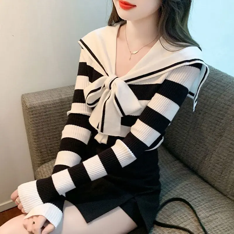 Sọc Cho Nữ, Cổ  Hải Quân, Phong Cách Preppy Mới, Dệt Kim, Thích Hợp Cho Mùa , Dễ Phối Đồ có thể giặt máy  phụ  nữ Top Women đốm trắng đường thêu hàng dệt kim  kẻ ngang đen   real madrid sweater  trễ   tay Dài Tay    nữ quảng châu    love  back áo Tre 5
