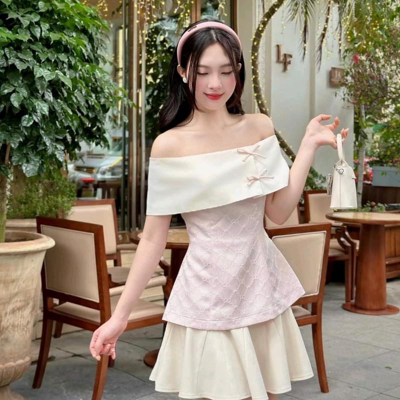 Áo peplum phong cách trễ vai chất liệu vải gấm cao cấp áo hai lớp mặc đi chơi đi tiệc tiểu thư xinh xắn
