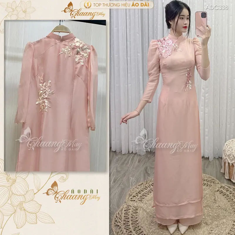 Áo Dài Cách Tân Nữ Thiết Kế Tay Bồng Lụa Tơ Hồng Da Nude Be 4 Tà Ren Hoa Cao Cấp Dự Tiệc Lễ Tết Đẹp Kem Women Dress Nhung ADC338 1