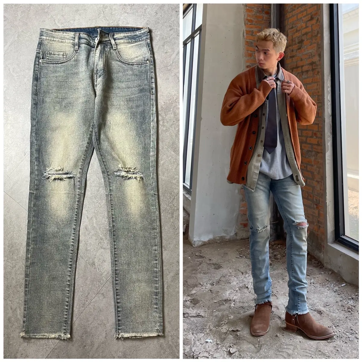 Quần jeans skinny XANH BỤI RÁCH GỐI - CẮT GẤU cực chất