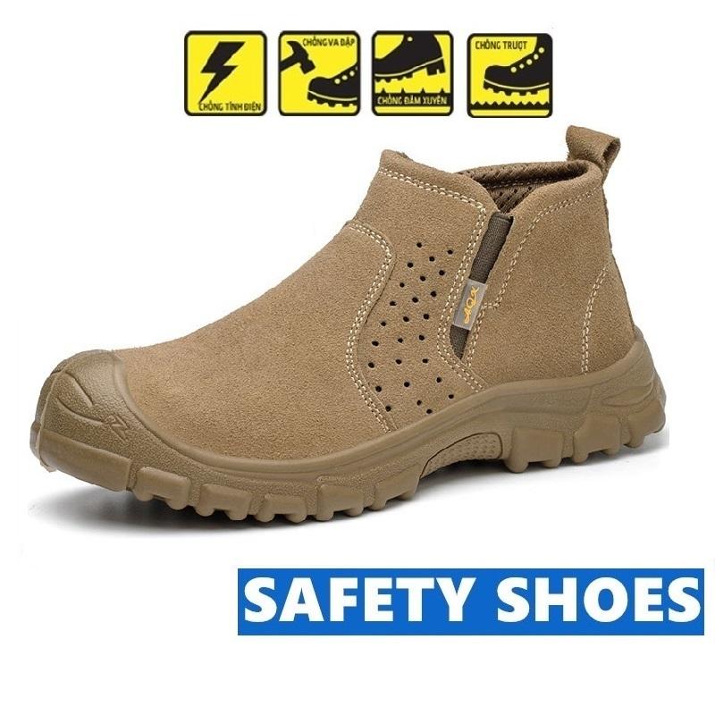 GBH15 Giày Bảo Hộ Lao Động Nam GNBH15 Đế Thép-Mũi Thép Cổ Cao Chống Đinh,Va Đập Màu Be-Chất Liệu Da Lộn-Giày công trình đẹp