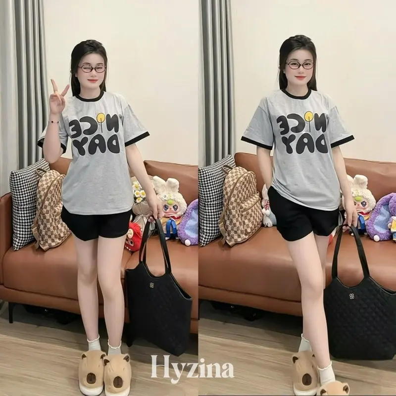 Set Bộ Quần Áo Nữ, Họa Tiết Chữ NiceD, Chất Liệu Cotton Mịn, Chất Mát, Co Dãn Phù Hợp Mặc Nhà Đi Chơi Màu Đen Women 6
