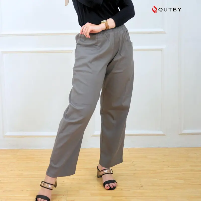QUTBY - Celana Kulot Panjang Wanita Korean Long Pants Celana Kerja Jumbo Bahan Katun Twill Premium Full Karet Nyaman 6