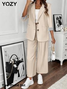 YOZY Women's Solid Button Front Pocket Blazer & Drawstring Waist Pants Two-Piece Set, Three Quarter Length Sleeve Lapel Neckline Blazer & Elastic Waist Trousers, Business Outfits for Work Office