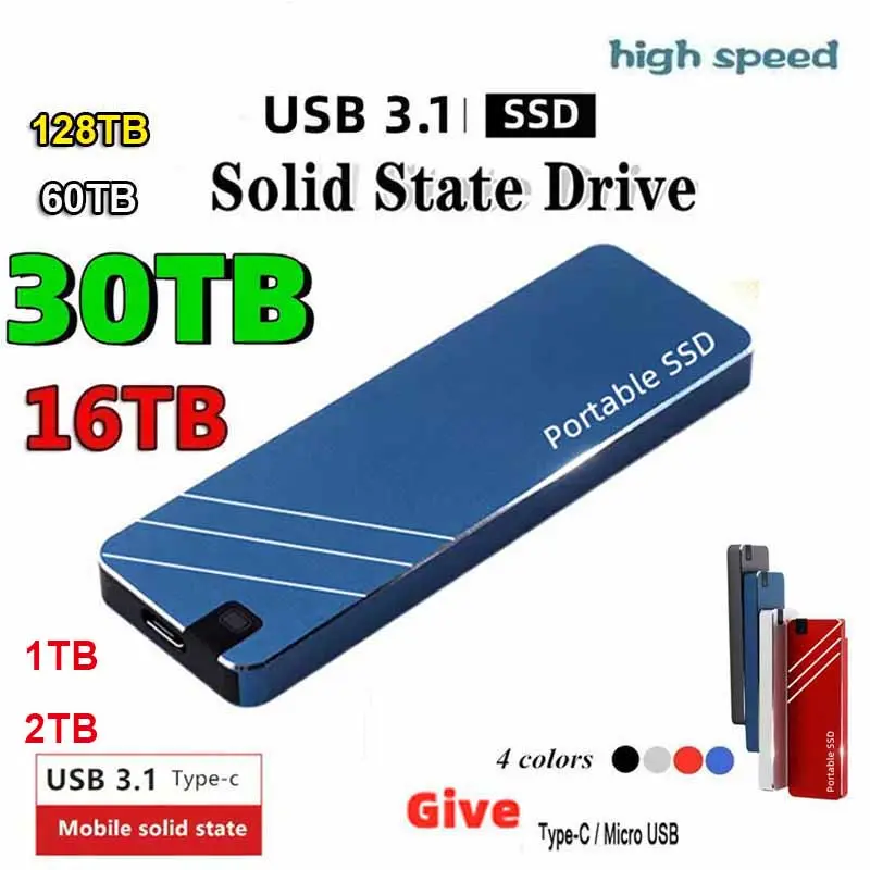 Ổ cứng SSD Cầm Tay Ổ cứng thể rắn di động loại C / USB3.1, Ổ cứng thể rắn di động bên ngoài, Có sẵn trong 1TB, 2TB, 8TB, 16TB, 30TB, 60TB và 128TB, Thích hợp cho máy tính xách tay, Ổ đĩa