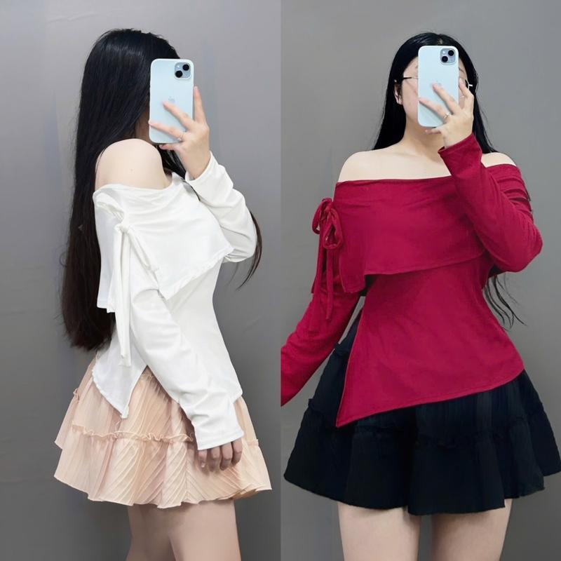 Sét áo váy bigsize có lẻ áo bẹt vai buộc nơ điệu đà kèm váy tầng xoè thời trang thu đông cho nữ mặc xinh Dress Women G257 CV409 đậu bigsize