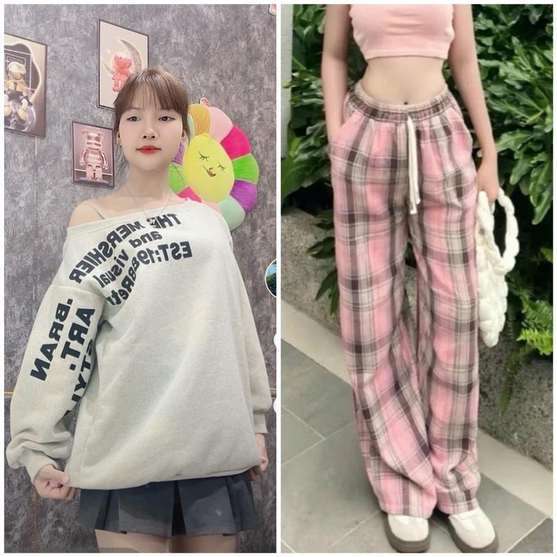  Set bộ hot áo trễ vai 1988 chất nỉ tàu form rộng đủ màu + Quần kẻ caro ống rộng hack dáng hot top__Trungshop 