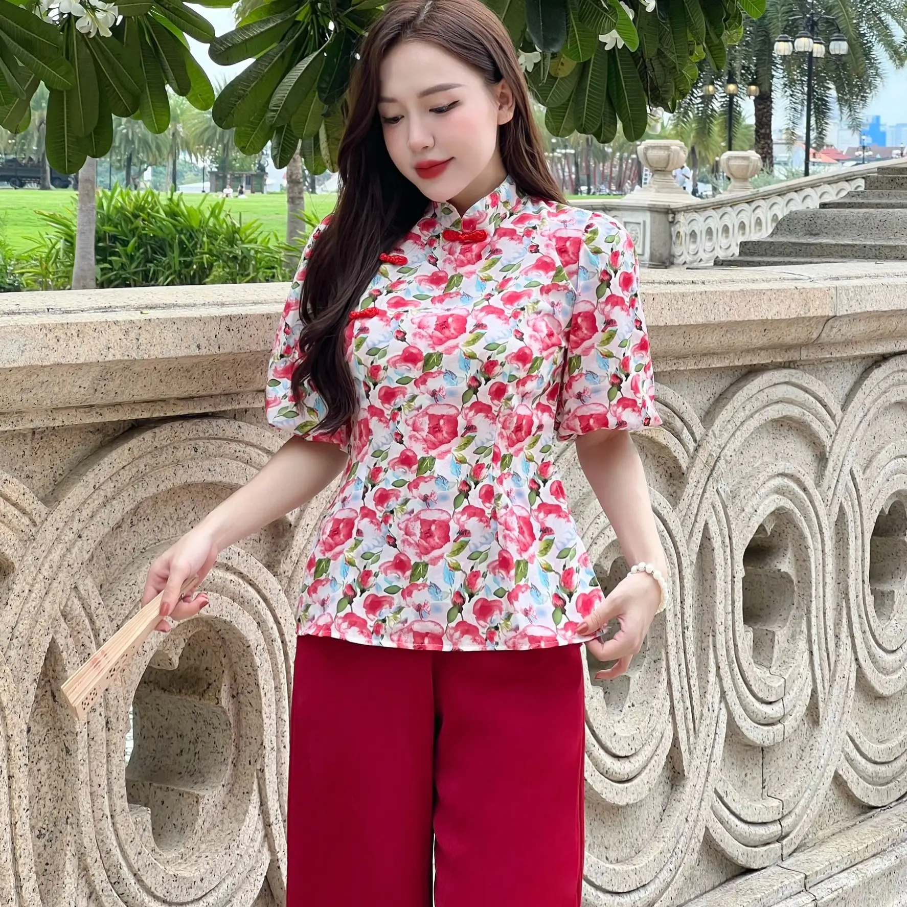Đồ bộ bà ba nữ quần dài đồ bà ba nữ đồ bộ bà ba đi chùa ống rộng tay lỡ vải gấm - cn168 Áo Women