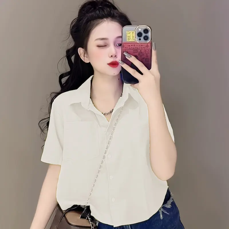 Áo sơ mi nữ tay ngắn form rộng, Áo croptop nữ kiểu 3