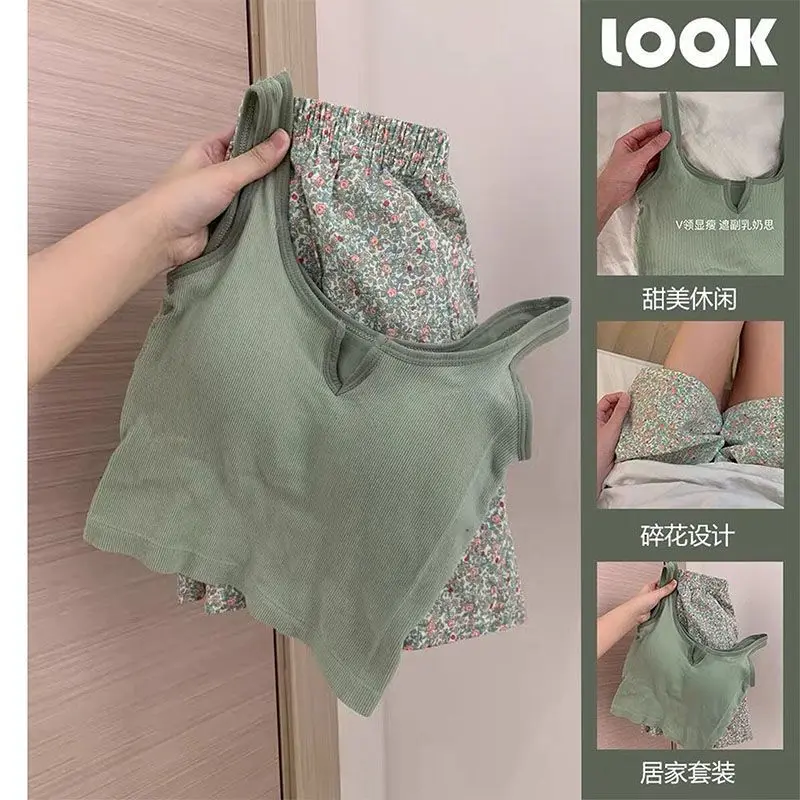 Đồ Ngủ Hai Dây Đệm Ngực Không Đường May, Bộ Sưu Tập Mùa Hè 2024, Áo Vest Thể Thao Nữ, Quần Đùi Hoa Ngọt Ngào Có Thể Mặc Làm Áo Mặc Bên Ngoài, Bộ Đồ Mặc Nhà 1