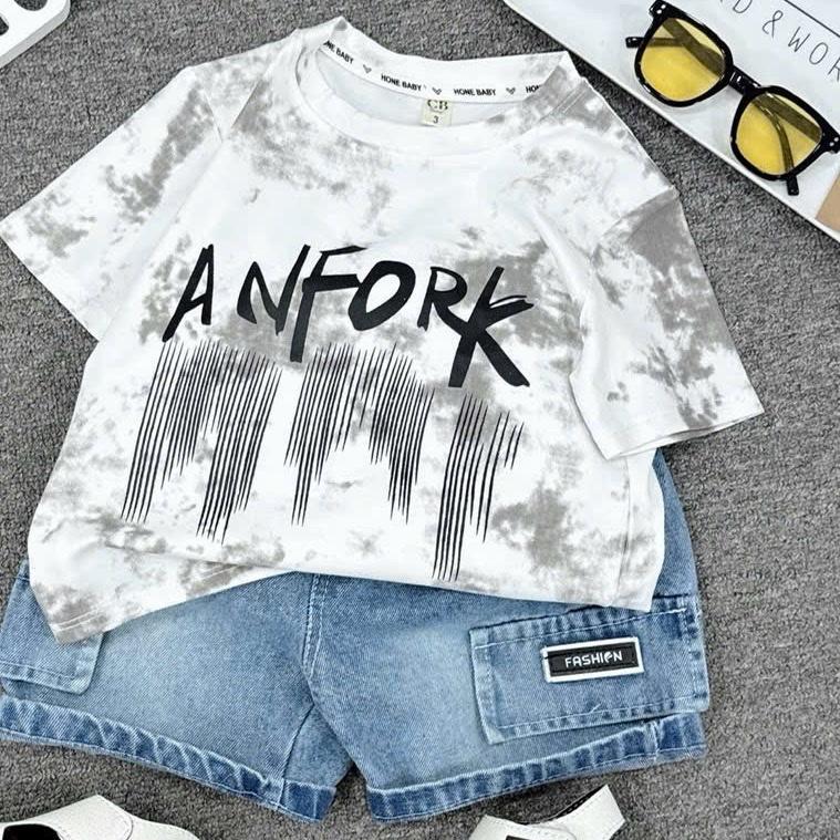 8-28kg Set quần jean túi kèm áo cotton tàu in tràn viền cho bé trai 0